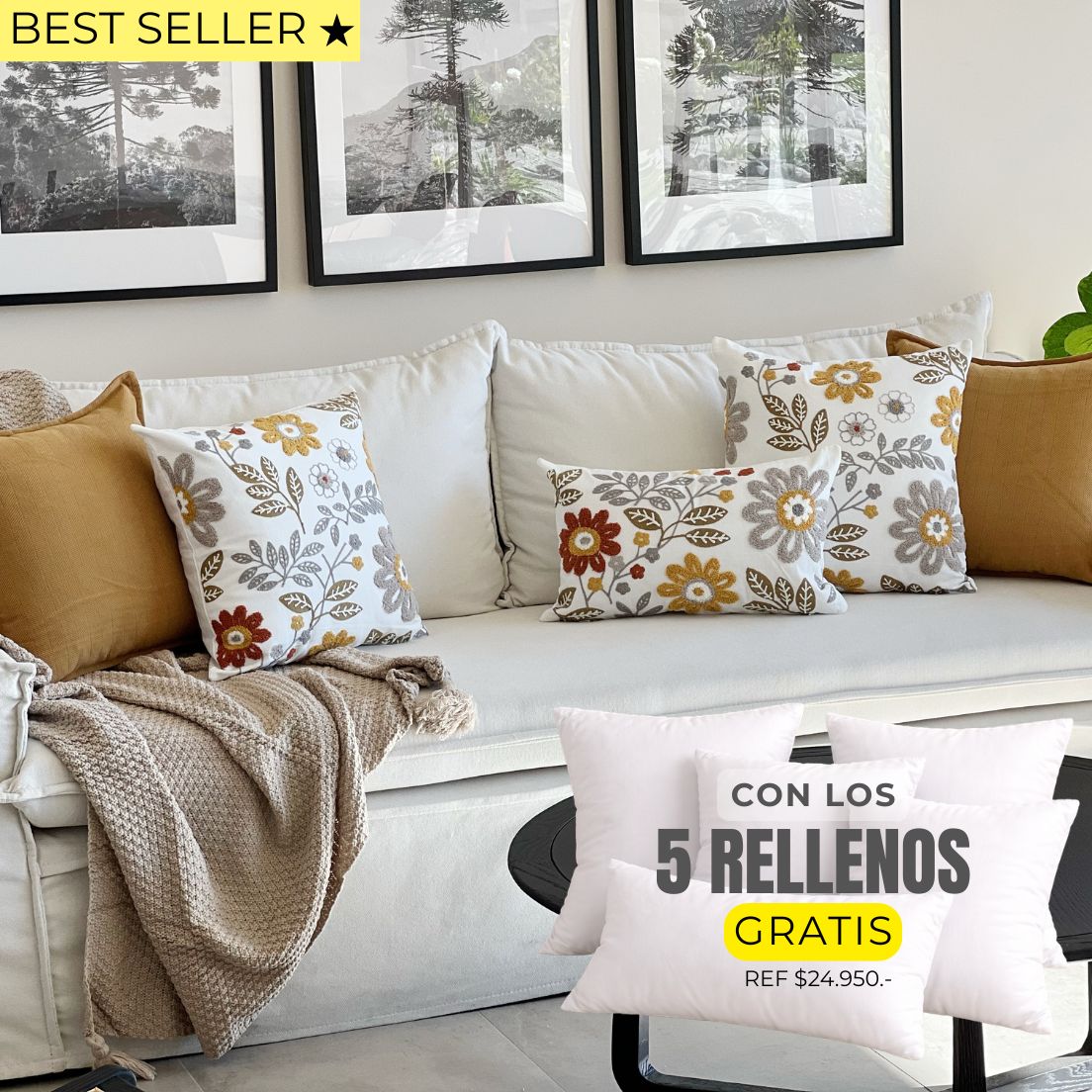 5 FUNDAS PREMIUM MIEL + RELLENOS - Mandir Home