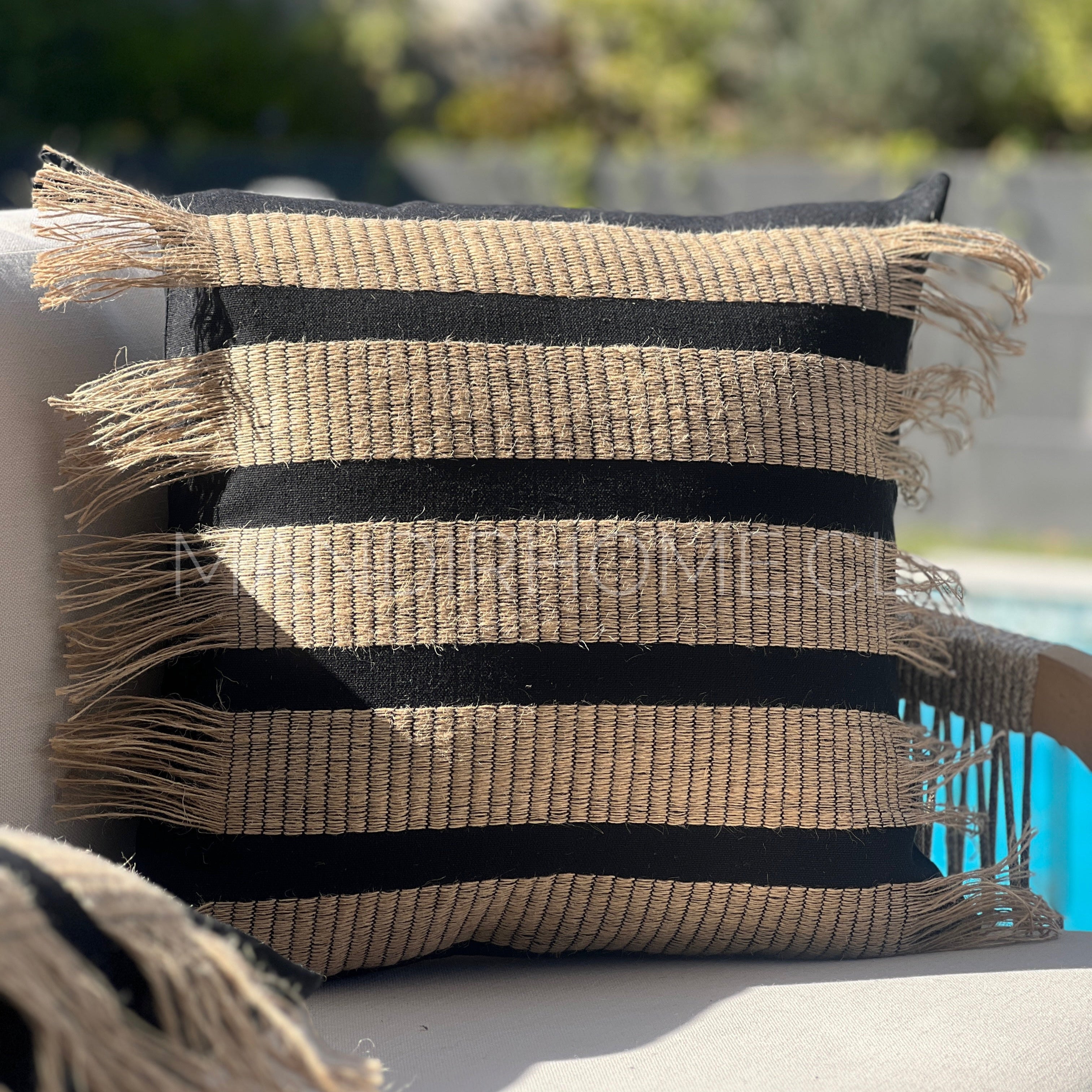 Funda Bohemia Franja Negro y Yute Cuadrada