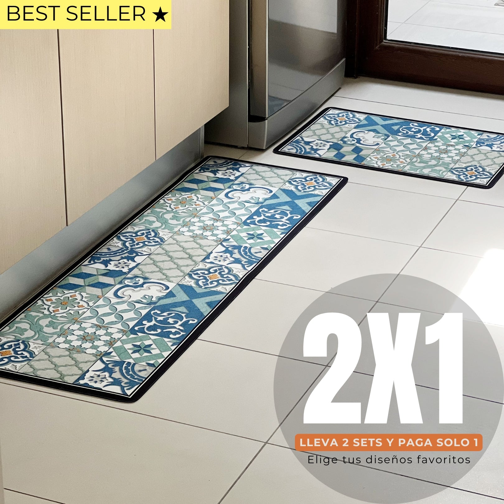Set Alfombras de Cocina Verde Azulejos Antideslizante y Absorbente | Anticharcos y Lavables