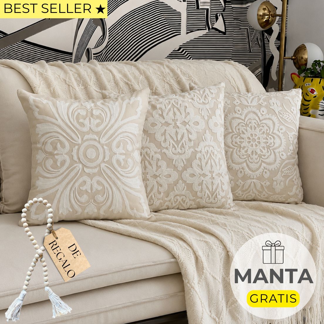 SET 3 FUNDAS DE COJÍN BORDADAS LAS 3 MARÍAS + CUENTA + MANTA DE REGALO