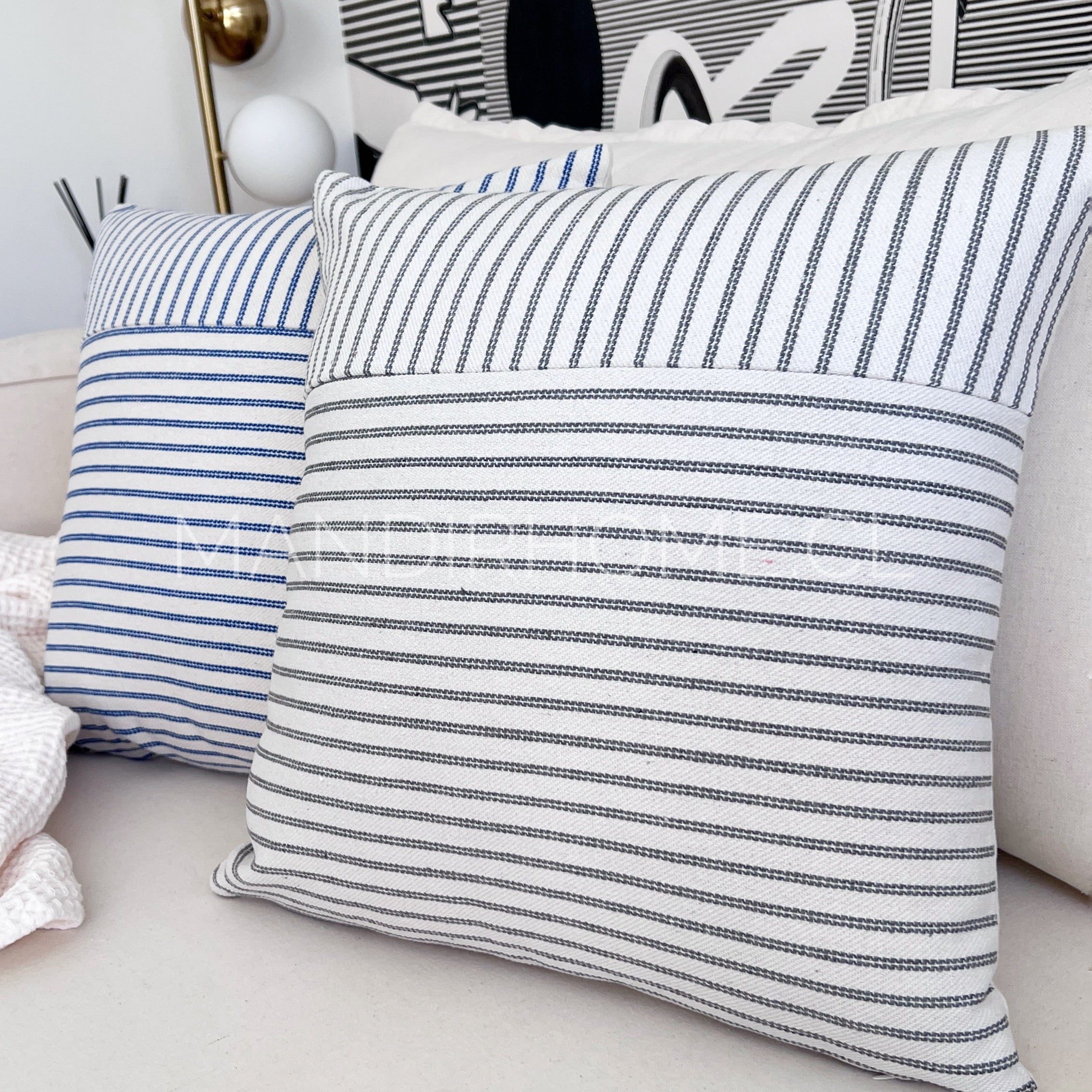 Funda de Cojín Natural Lino Listado Liso Azul 45x45cms