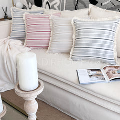 Funda de Cojín Natural Lino Listado Fleco Rojo 45x45cms