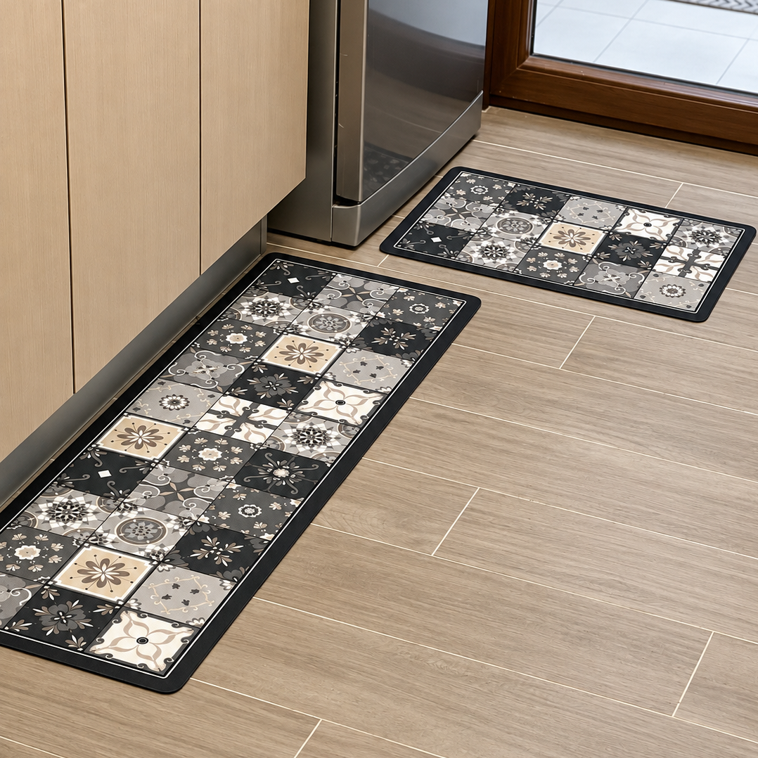 Set Alfombras de Cocina Mosaico Gris Antideslizante y Absorbente | Anticharcos y Lavables