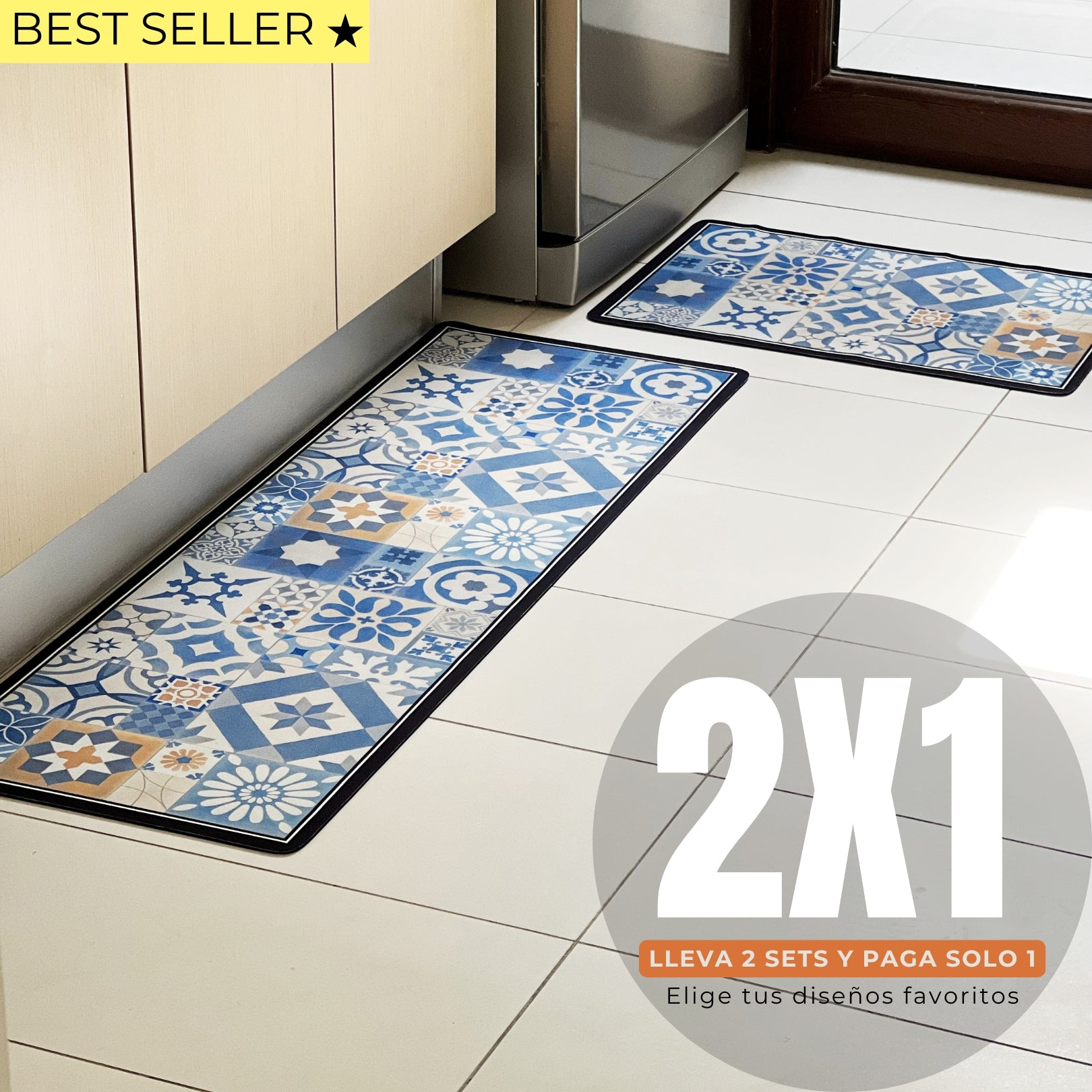 Set Alfombras de Cocina Azul Estrella Antideslizante y Absorbente | Anticharcos y Lavables