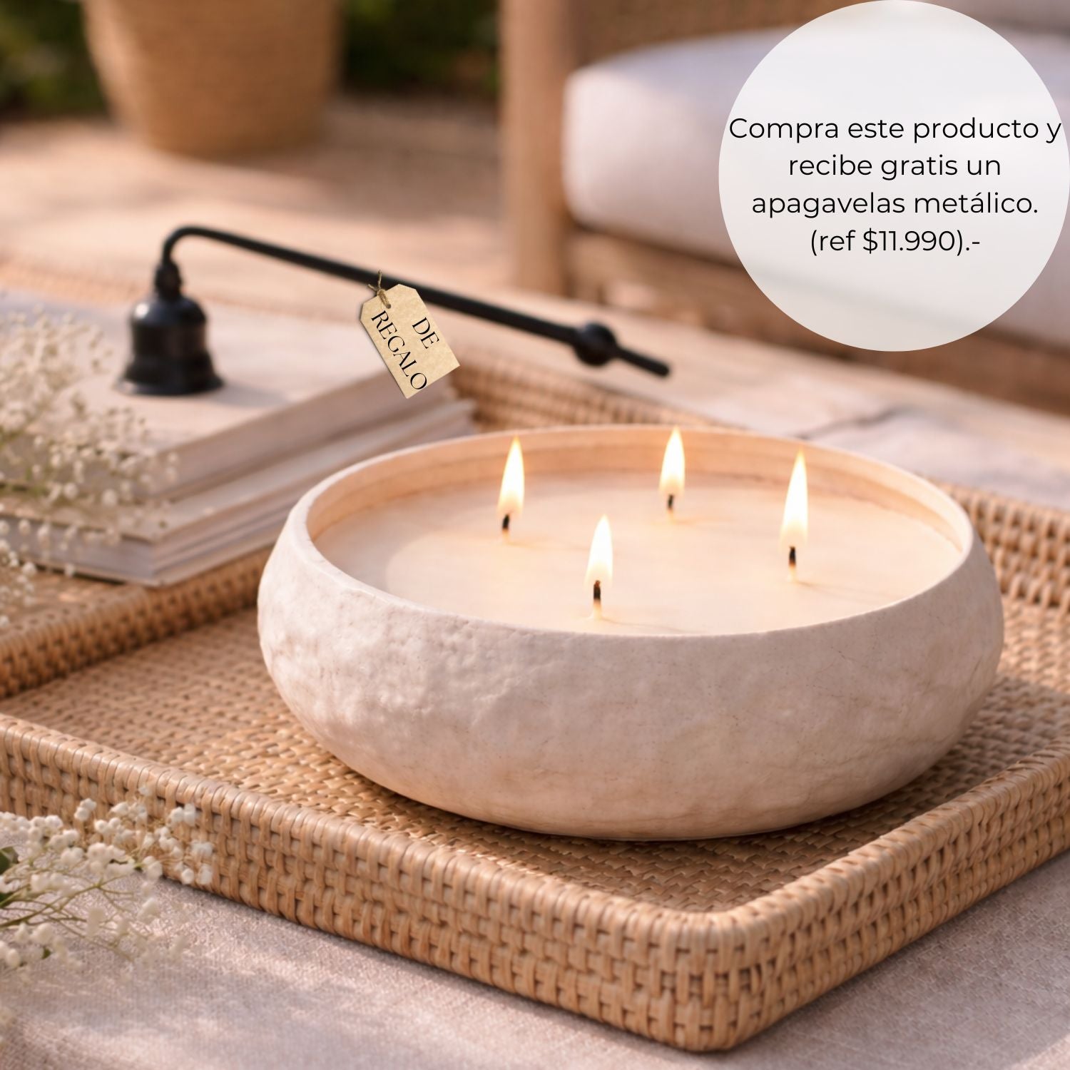 Vela grande artesanal decorativa 4 mechas 18x5 cm + Apaga velas metálico de regalo