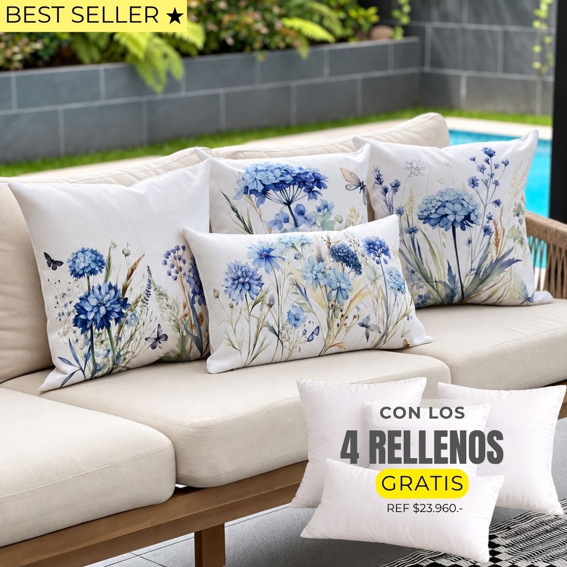 4 FUNDAS ESTAMPADAS - HORTENSIAS + RELLENOS