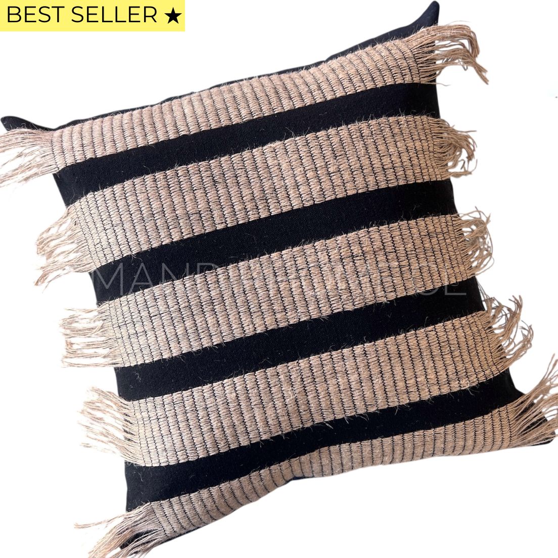 Funda Bohemia Franja Negro y Yute Cuadrada