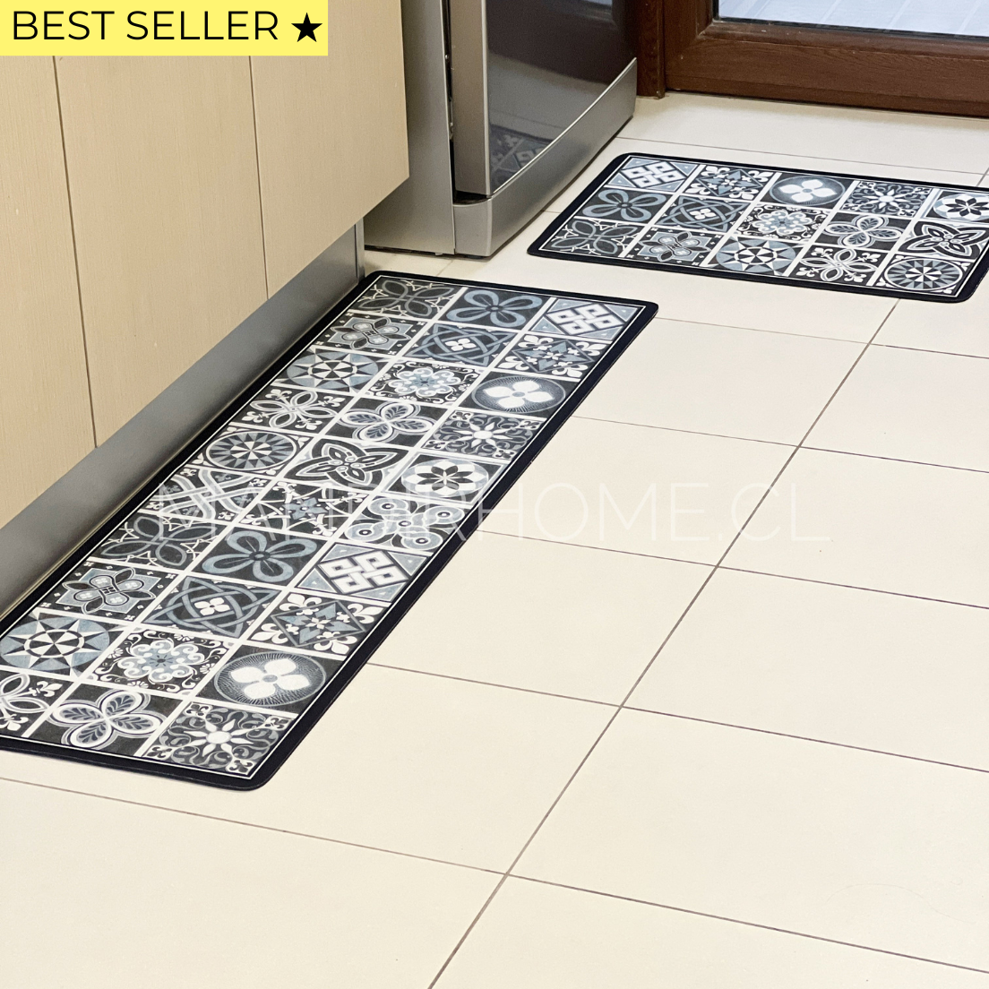 Set Alfombras de Cocina Mosaico Agua Mediterránea Antideslizante y Absorbente | Anticharcos y Lavables