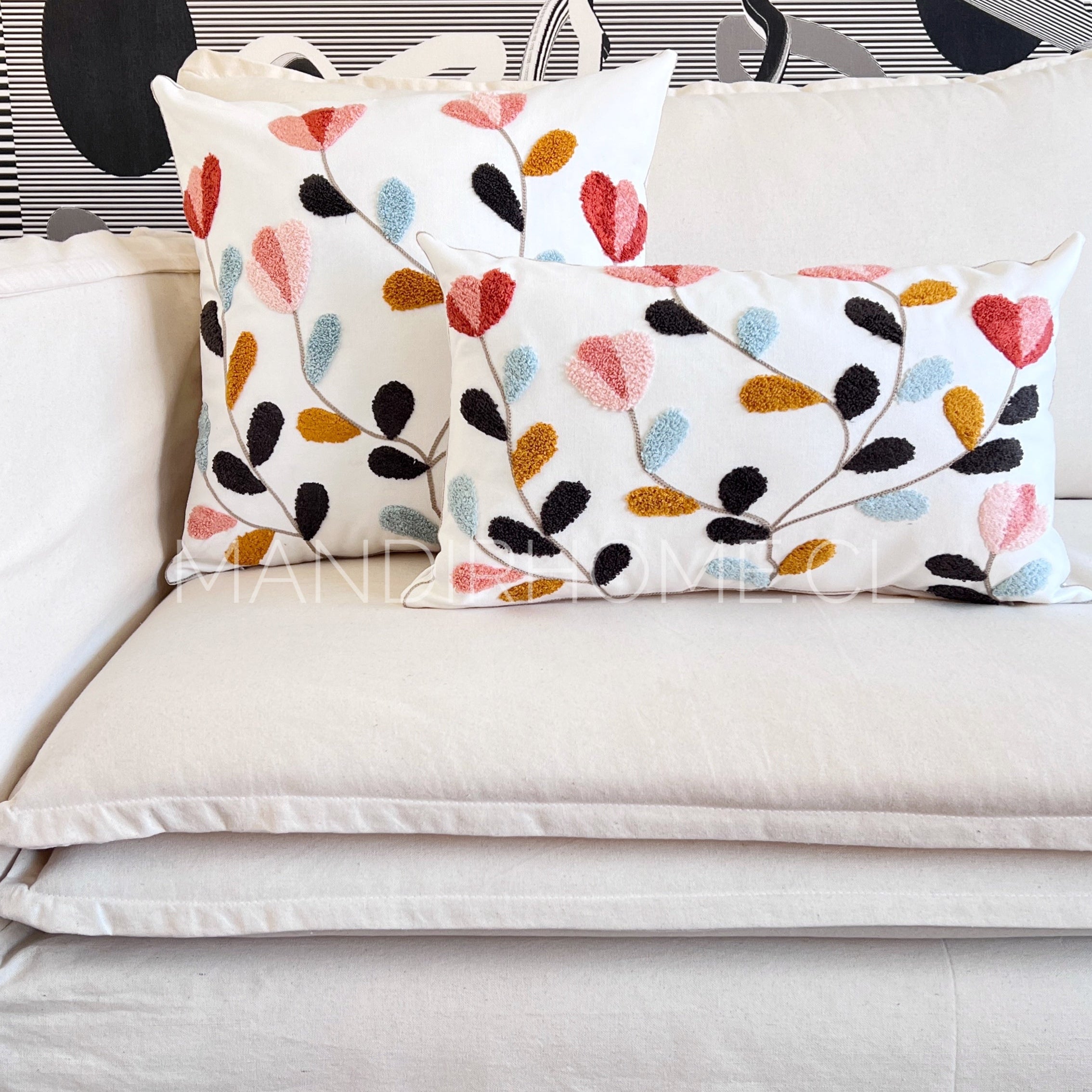 Funda de Cojín Bordado Hojitas Colores Rectangular 50x30cms