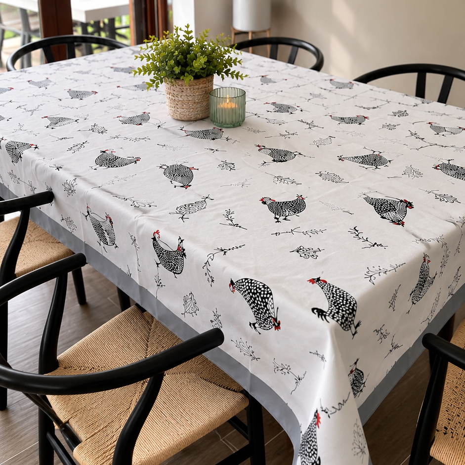 Pack Mesa Lista Gallinas · Mantel + 6 Individuales + 20 Servilletas GRATIS