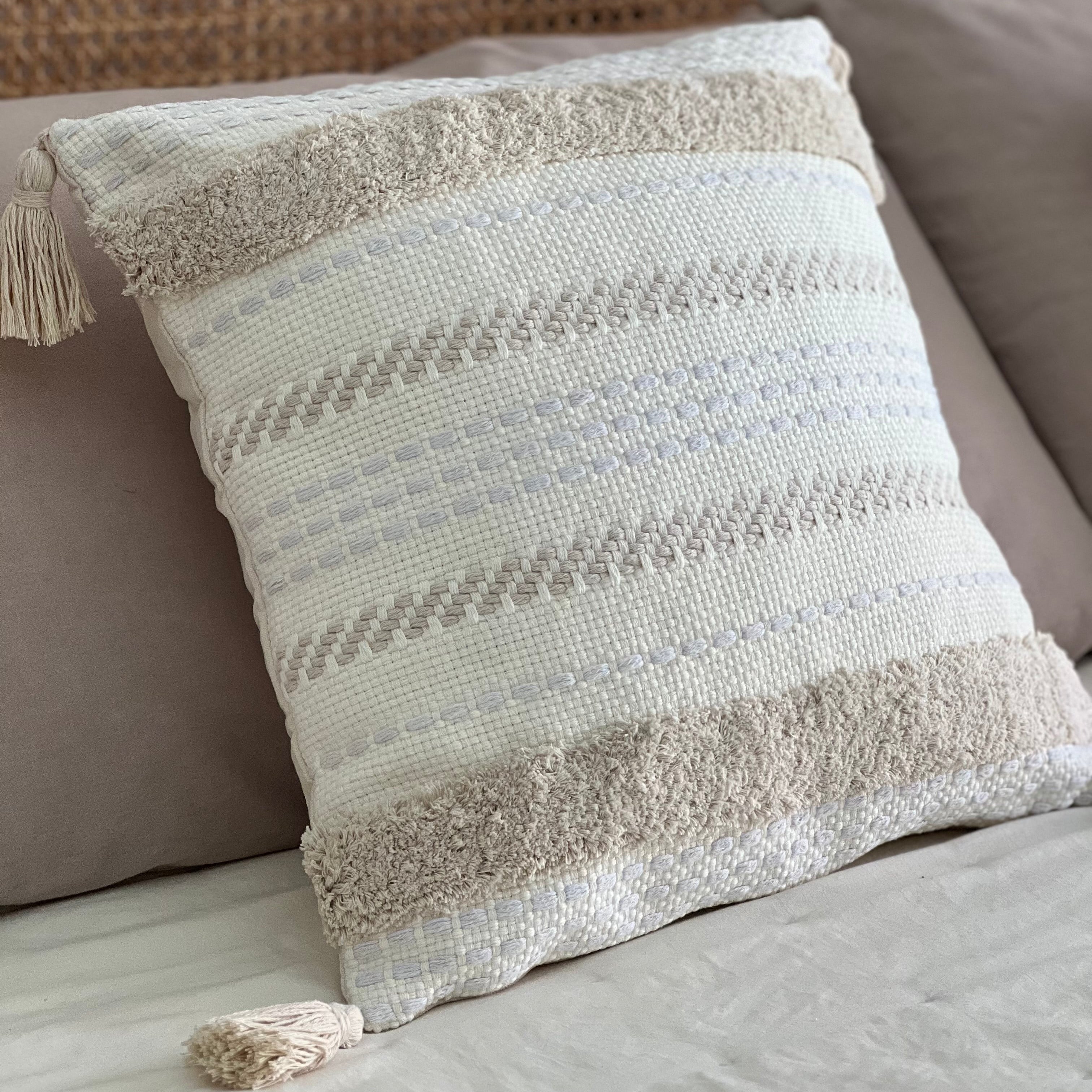 Funda de Cojín Boho Crudo Aplicaciones Líneas Borlas Cuadrada