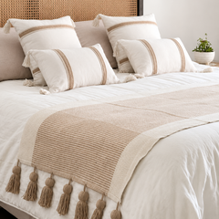 Piecera Bicolor Beige Borlas 2 Plazas/King Algodón Tejido 210x70 cm