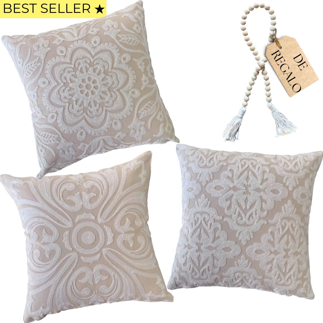 SET 3 FUNDAS DE COJÍN BORDADAS LAS 3 MARÍAS + CUENTA DECORATIVA DE REGALO