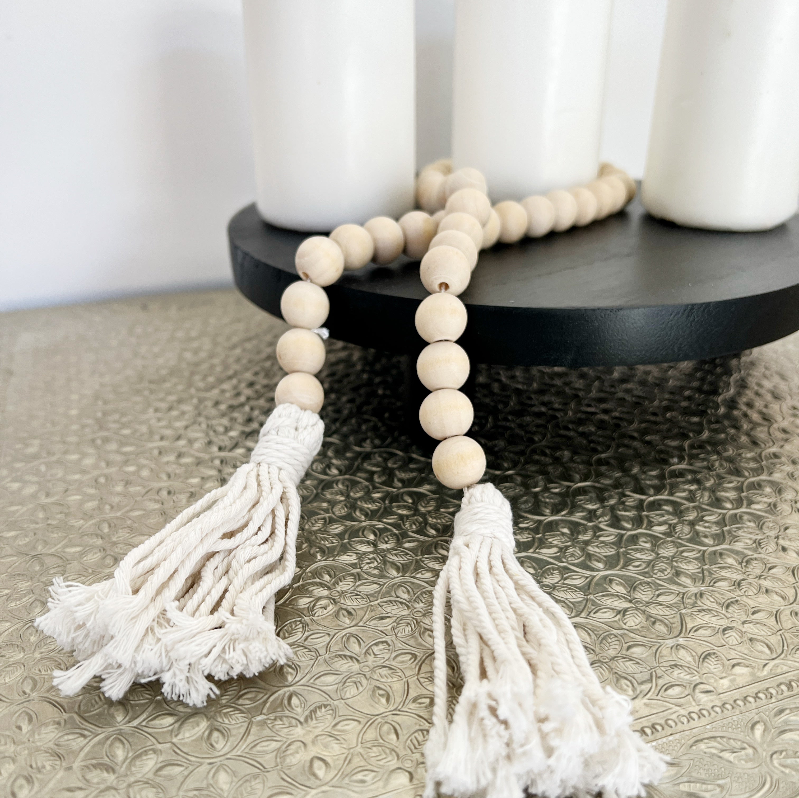 Cuentas Madera Natural Con Borlas De Algodón Crudo