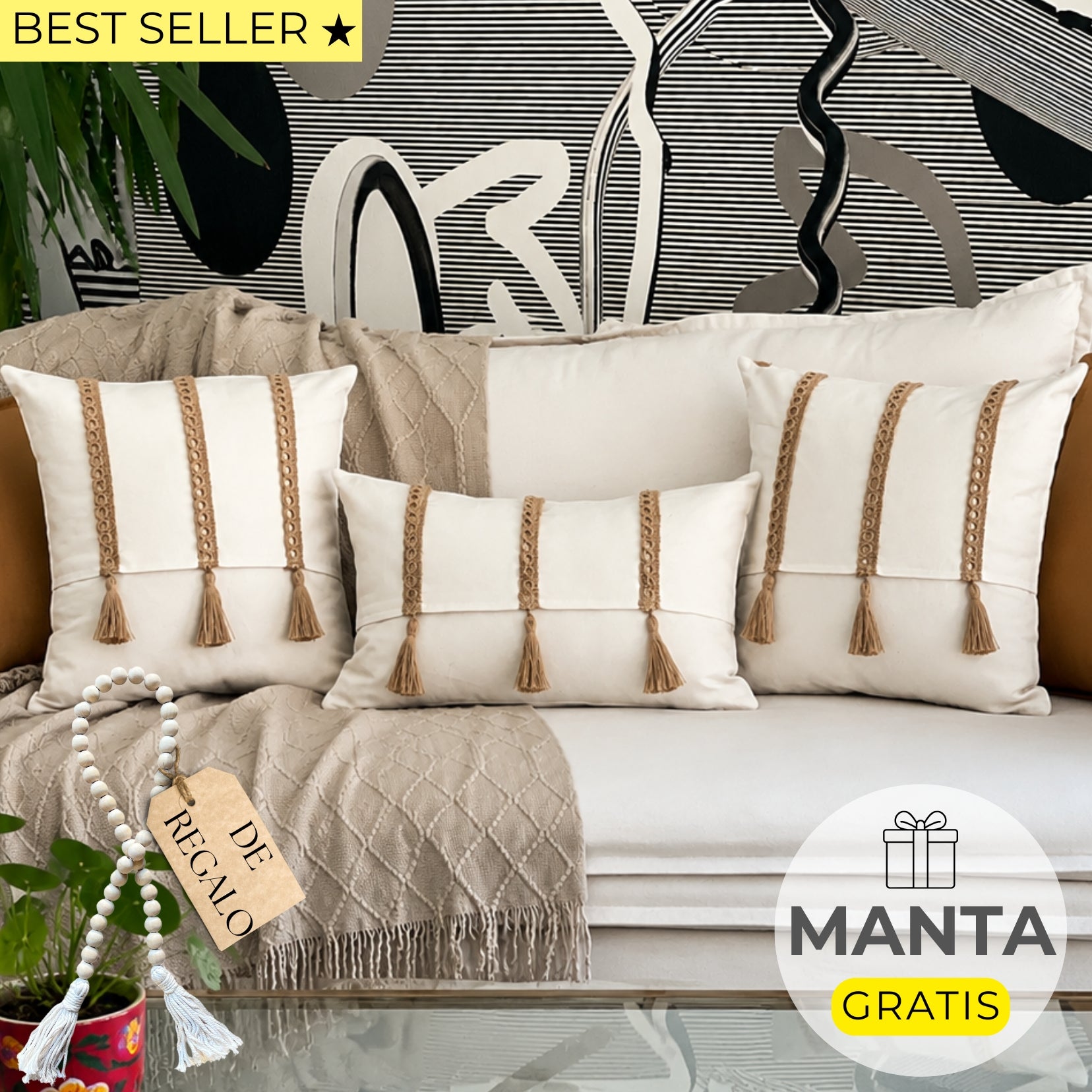 SET 3 FUNDAS DE COJÍN ALHAMBRA YUTE + CUENTA DE MADERA + MANTA DE REGALO