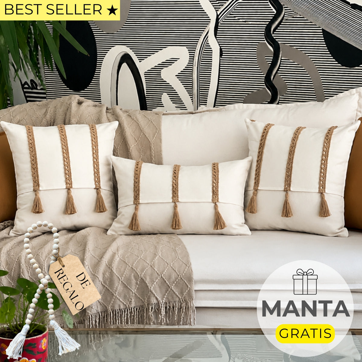 SET 3 FUNDAS DE COJÍN ALHAMBRA YUTE + CUENTA DE MADERA + MANTA DE REGALO