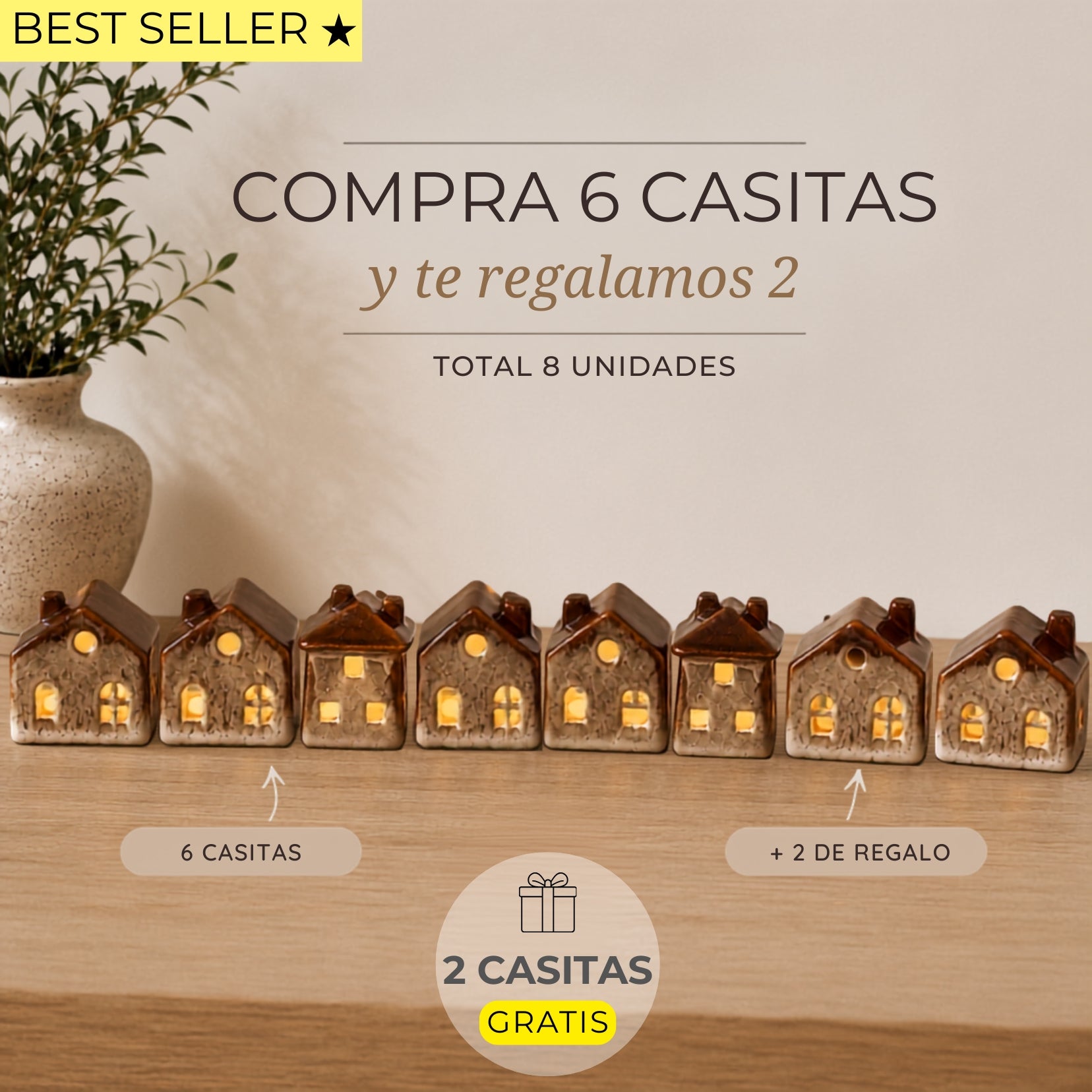 Set de 8 Casitas de Cerámica con Luz LED (Compra 6 y recibe 2 de regalo)