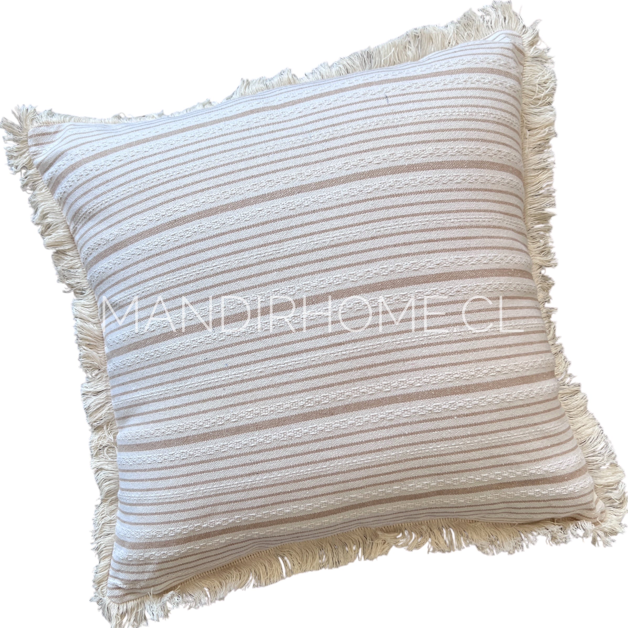 Funda de Cojín Natural Lino Listado Fleco Beige 45x45cms