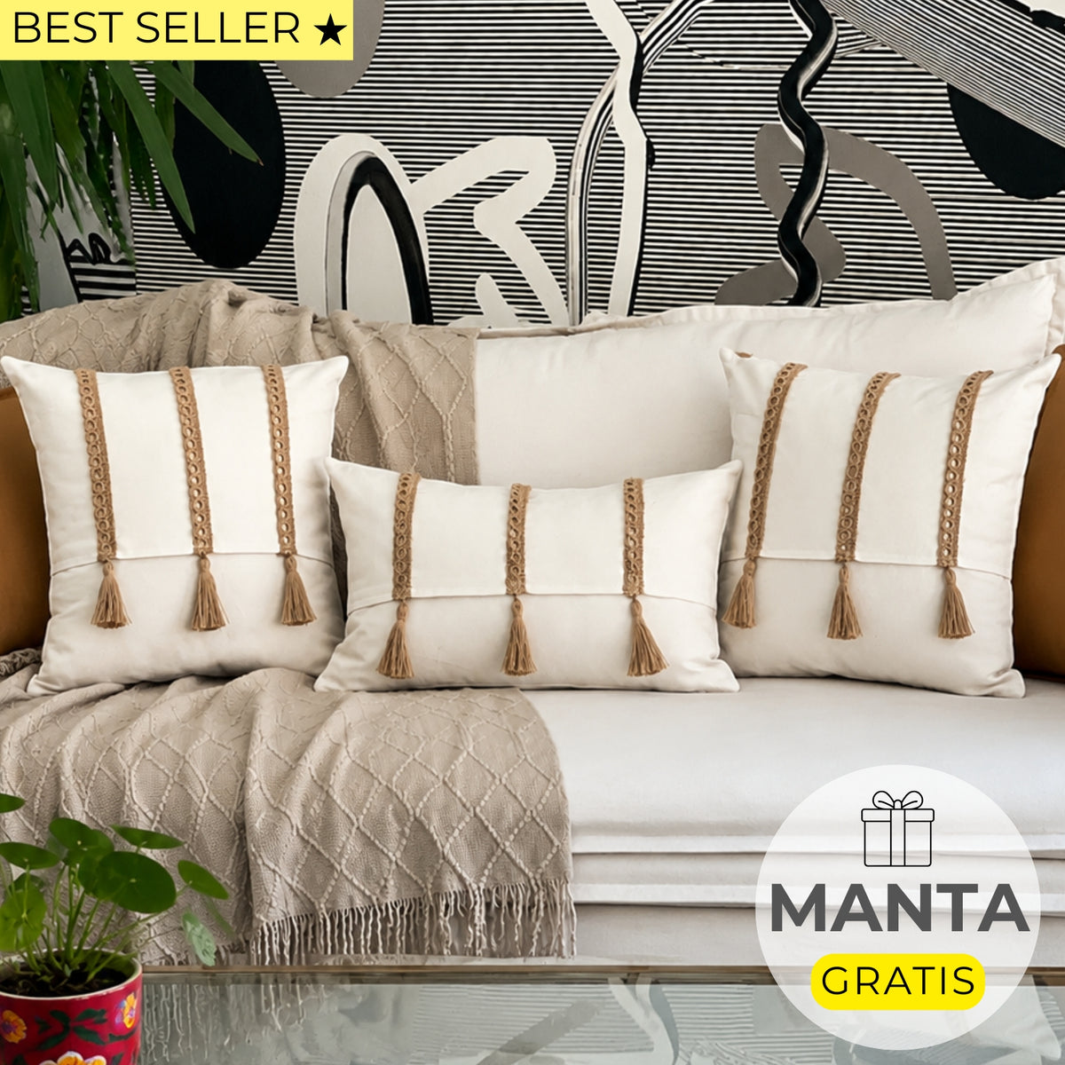 SET 3 FUNDAS DE COJÍN ALHAMBRA YUTE + MANTA DE REGALO