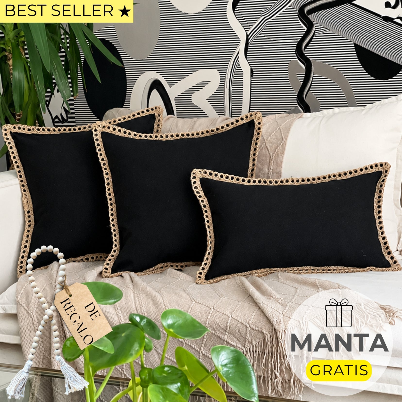 SET 3 FUNDAS DE COJÍN NEGRO LINO YUTE + MANTA DE REGALO