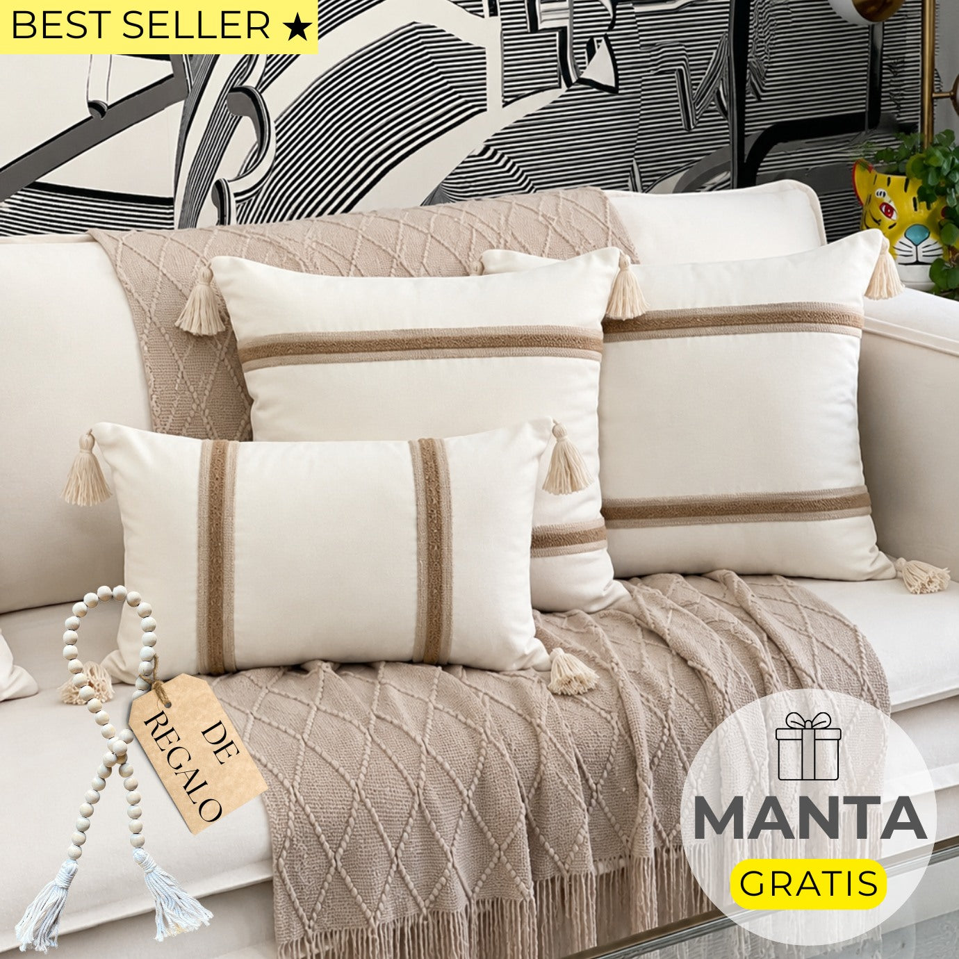 SET 3 FUNDAS DE COJÍN BALI YUTE + CUENTA DE MADERA + MANTA DE REGALO