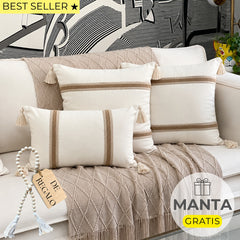 SET 3 FUNDAS DE COJÍN BALI YUTE + CUENTA DE MADERA + MANTA DE REGALO