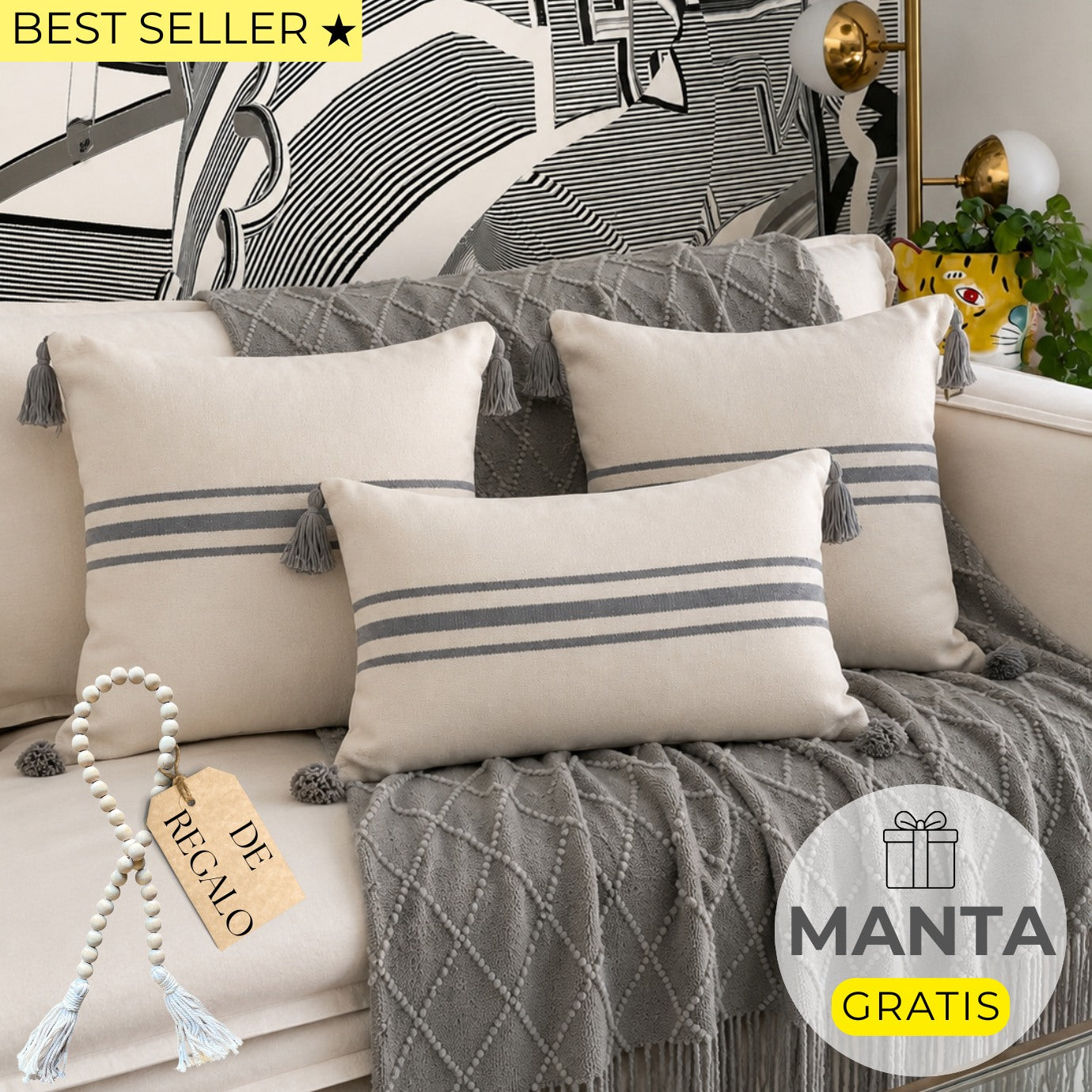 SET 3 FUNDAS DE COJÍN MARSELLA GRIS + MANTA DE REGALO