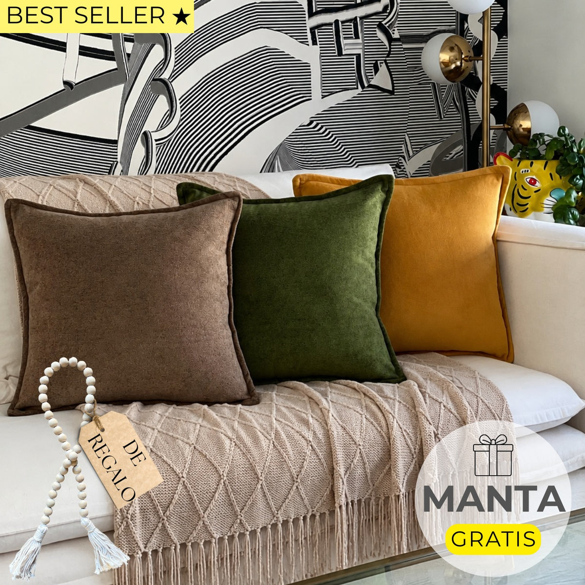 SET 3 FUNDAS DE COJÍN ESCENCIA TERCIOPELO + CUENTA DE MADERA + MANTA DE REGALO
