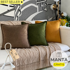 SET 3 FUNDAS DE COJÍN ESCENCIA TERCIOPELO + CUENTA DE MADERA + MANTA DE REGALO