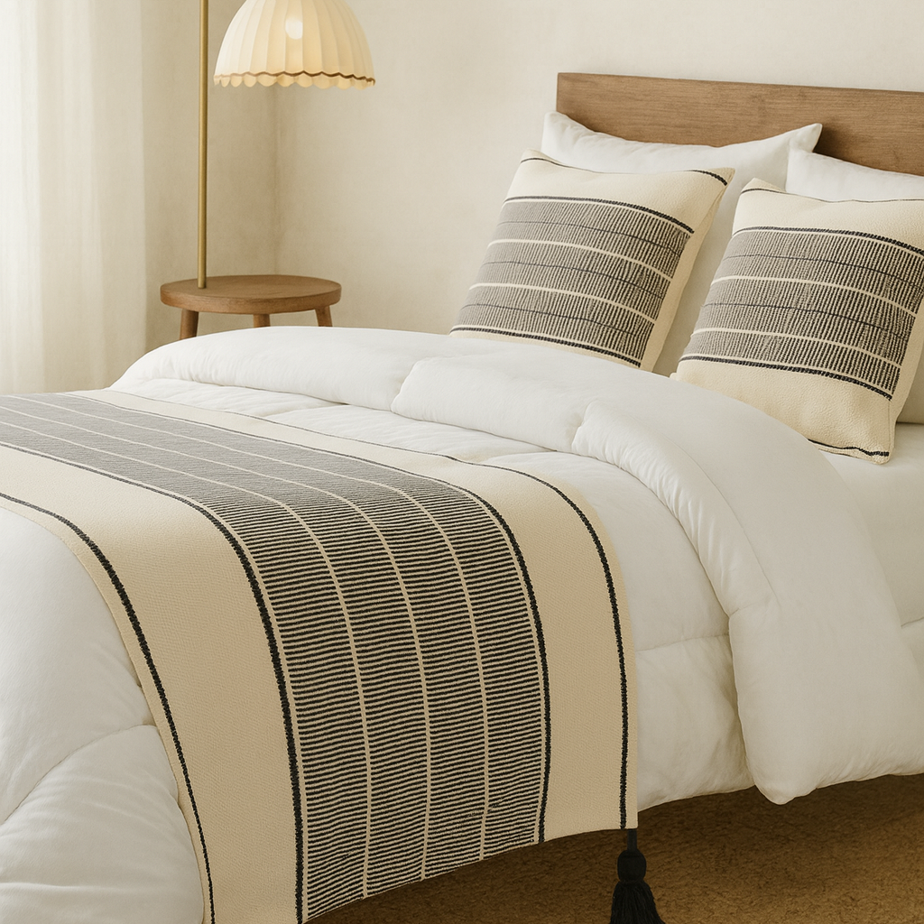 Set Piecera Trama Negro Tejido Borla 210x70cms + 2 Fundas Cojín 50x50cms