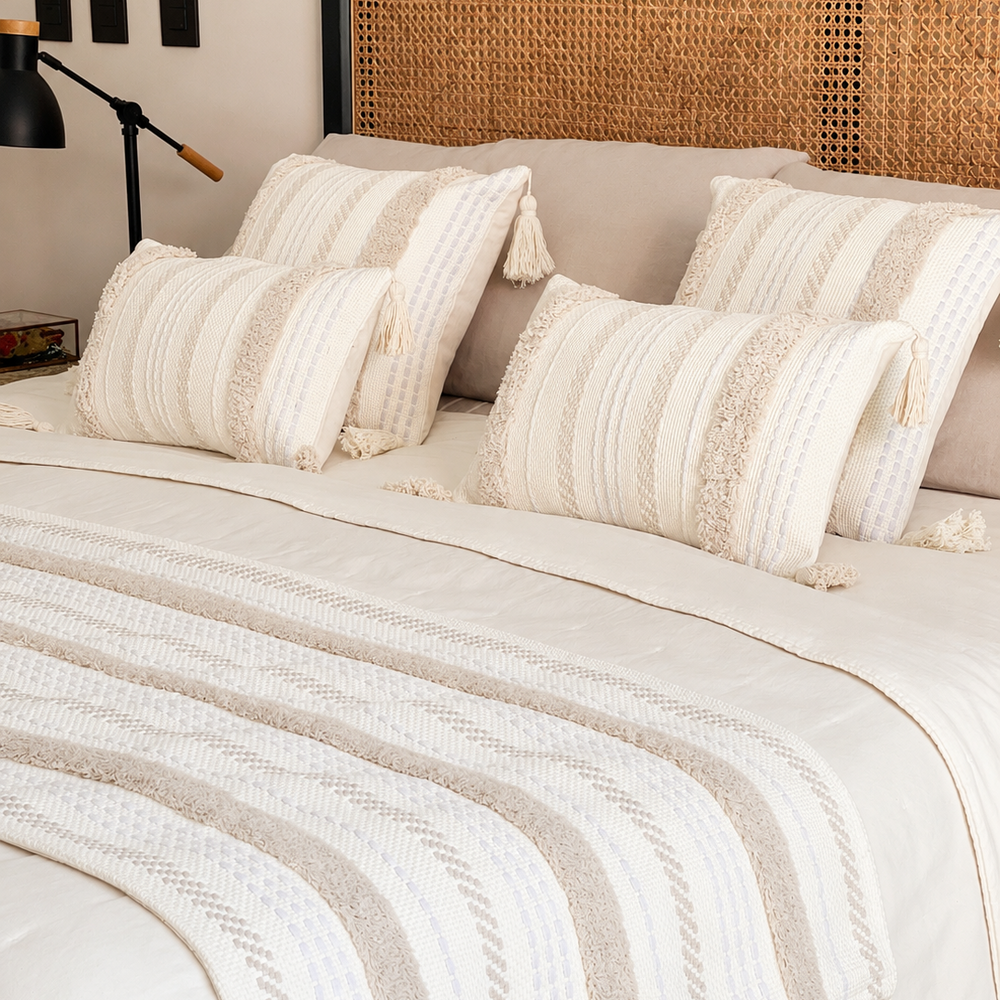 Set piecera líneal boho cruda 210x70 + 4 cojines con rellenos gratis - Mandir Home