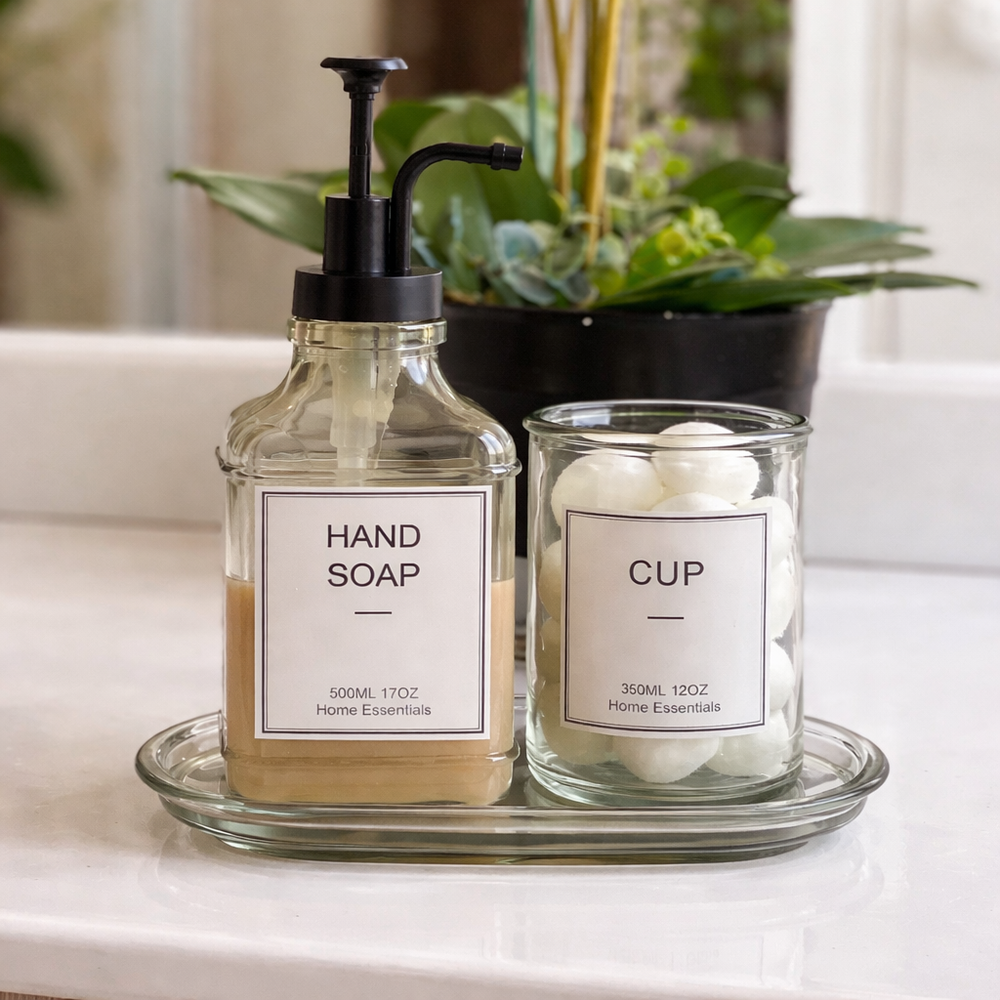 Set Dispensador de Baño Vidrio Vintage 3 Piezas | Jabonera + Vaso + Bandeja - Mandir Home