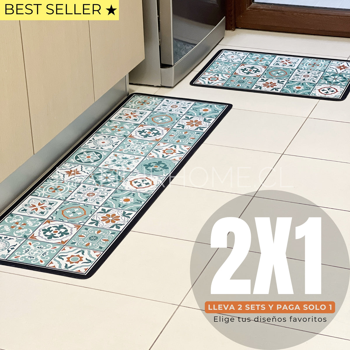 Set Alfombras de Cocina Verde Menta Antideslizante y Absorbente | Anticharcos y Lavables