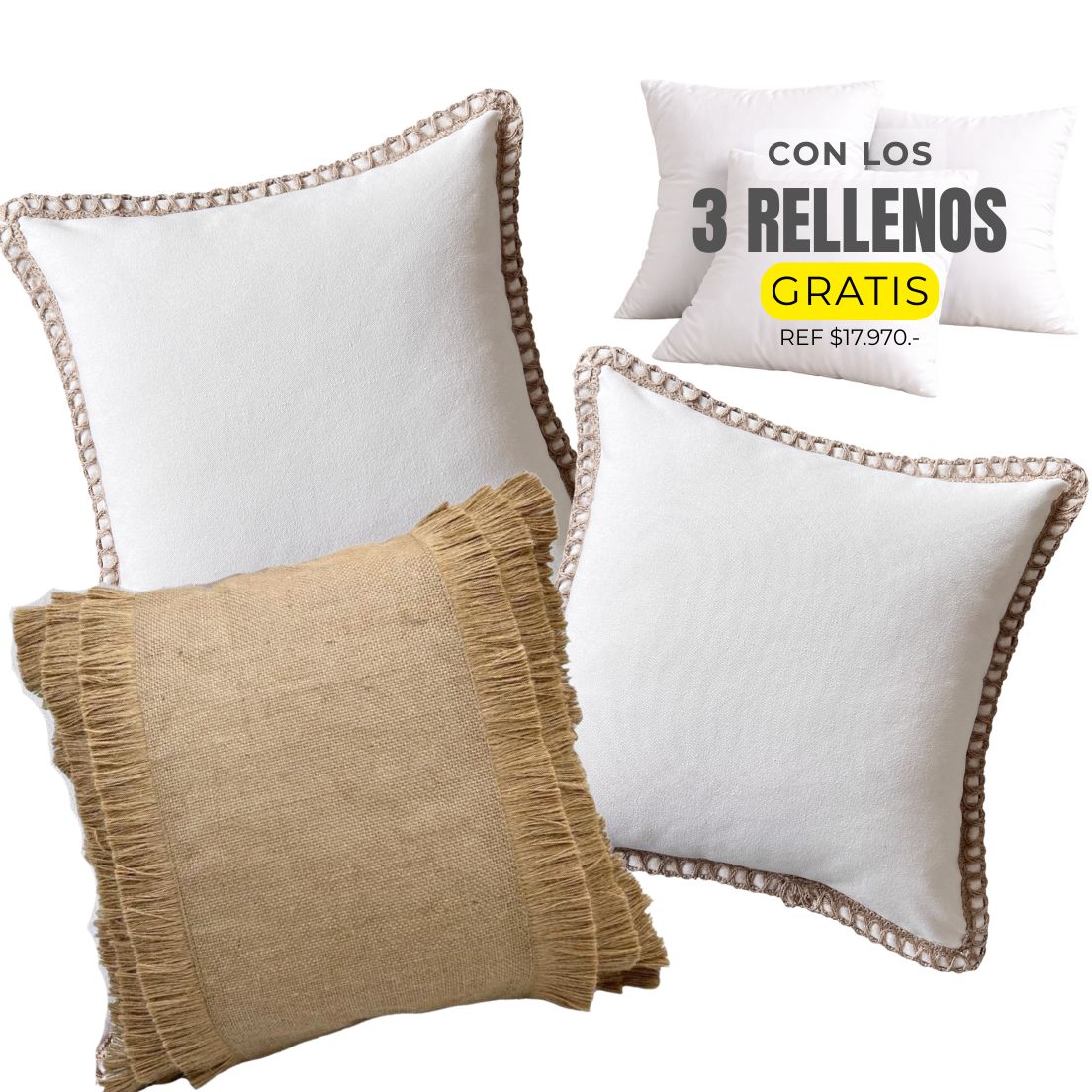 3 FUNDAS NATURAL LINO ARPILLERA YUTE RÚSTICO + RELLENOS