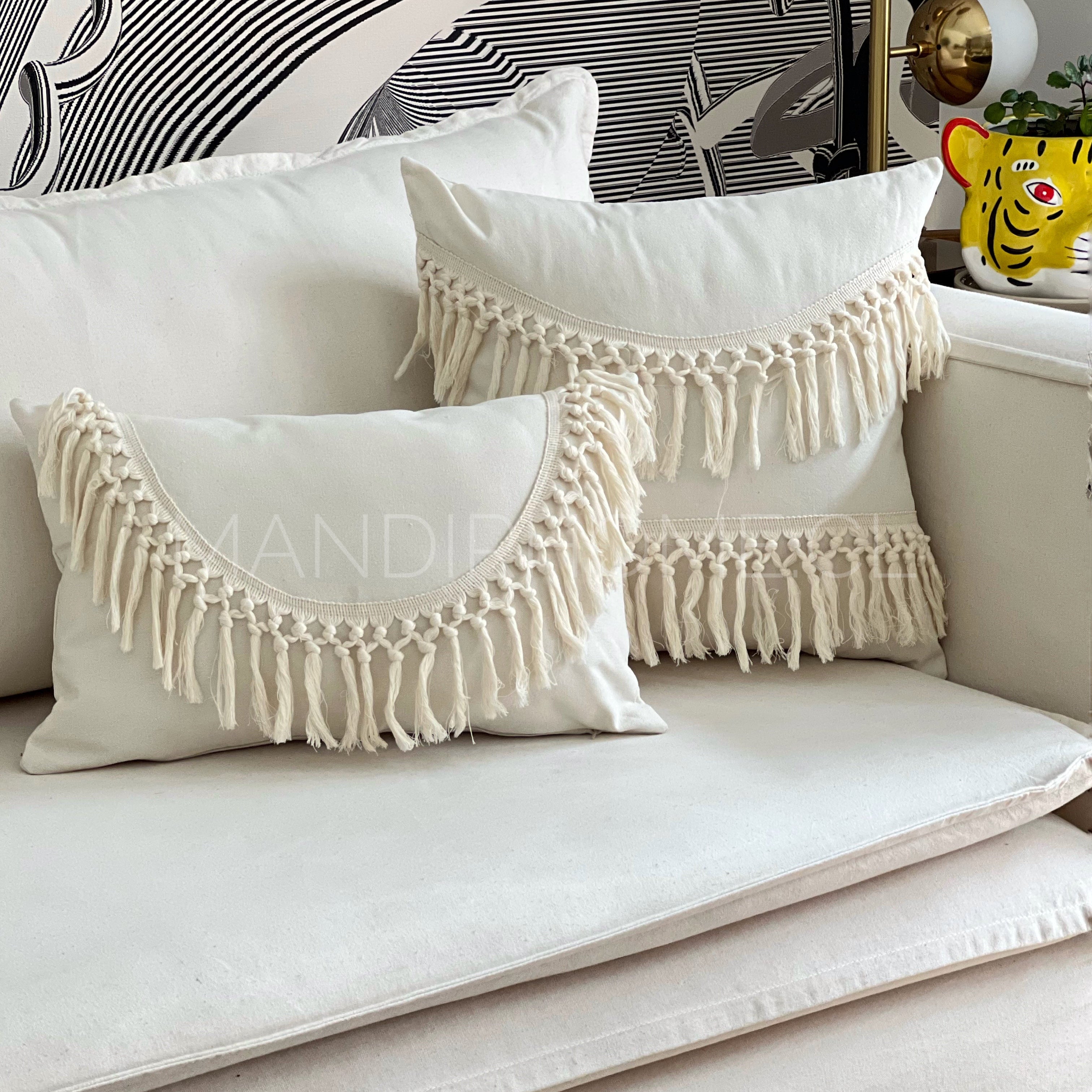 Funda Cojín Boho Tipo Macrame Crudo Curva Rectangular