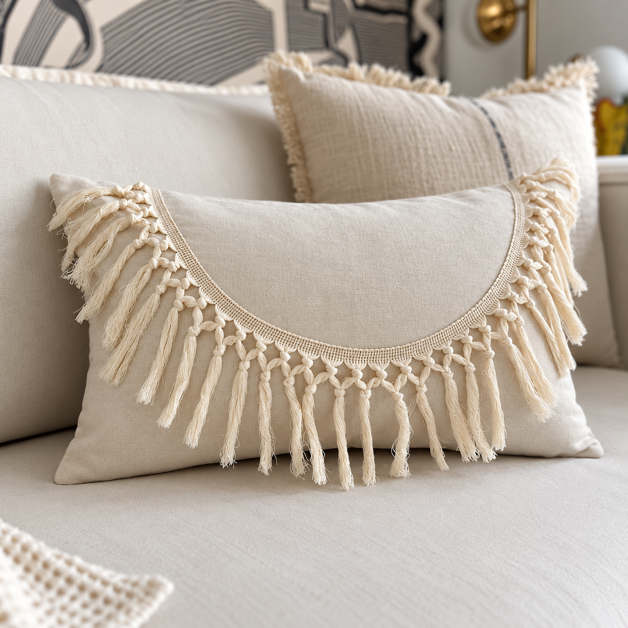 ¡Queda 1! Funda Cojín Boho Tipo Macrame Crudo Curva Rectangular