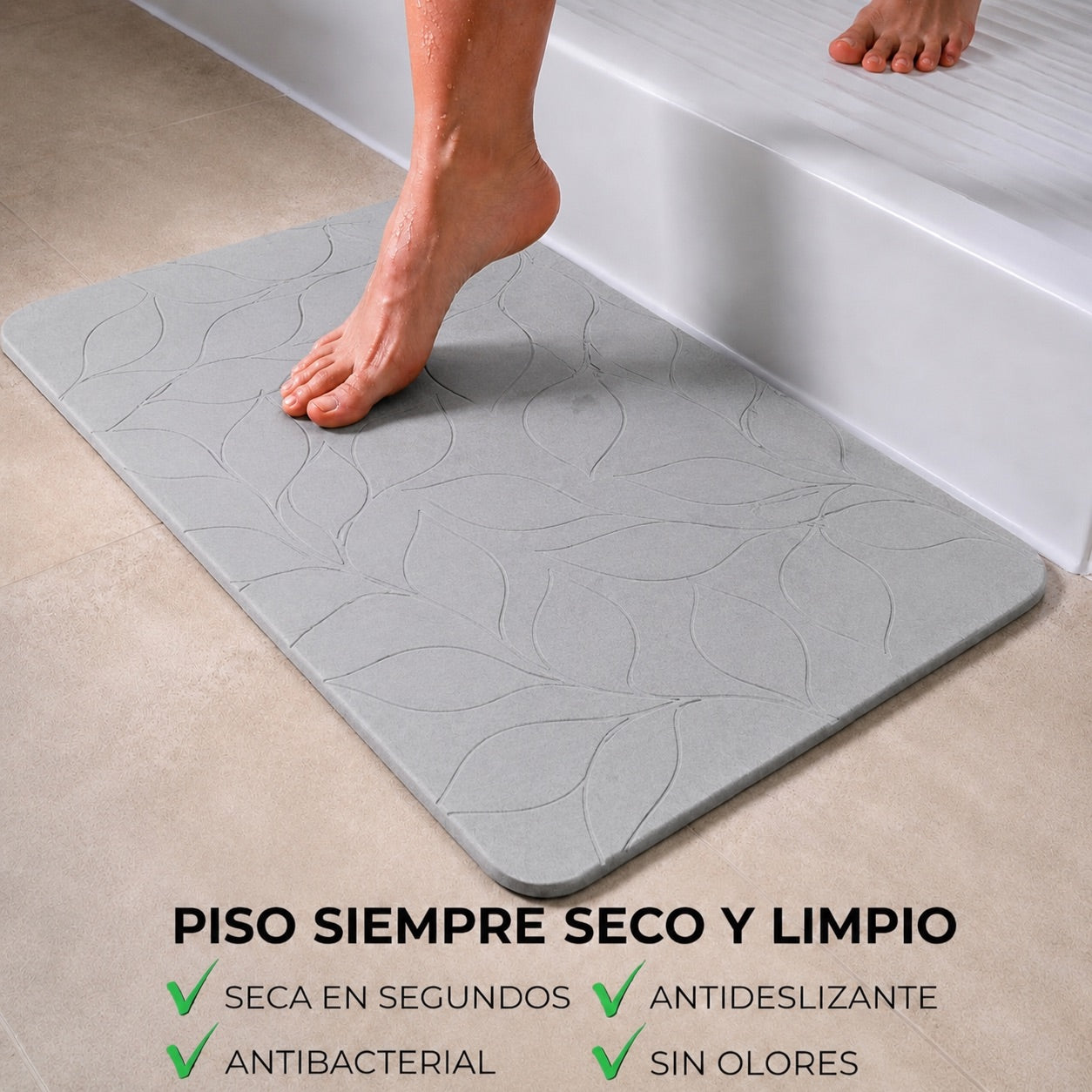 Alfombra de baño de diatomita Gris Hojitas secado rápido 60x40 cm | Antibacterial y original
