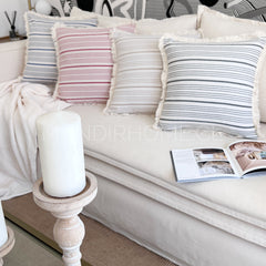 Funda de Cojín Natural Lino Listado Fleco Gris 45x45cms