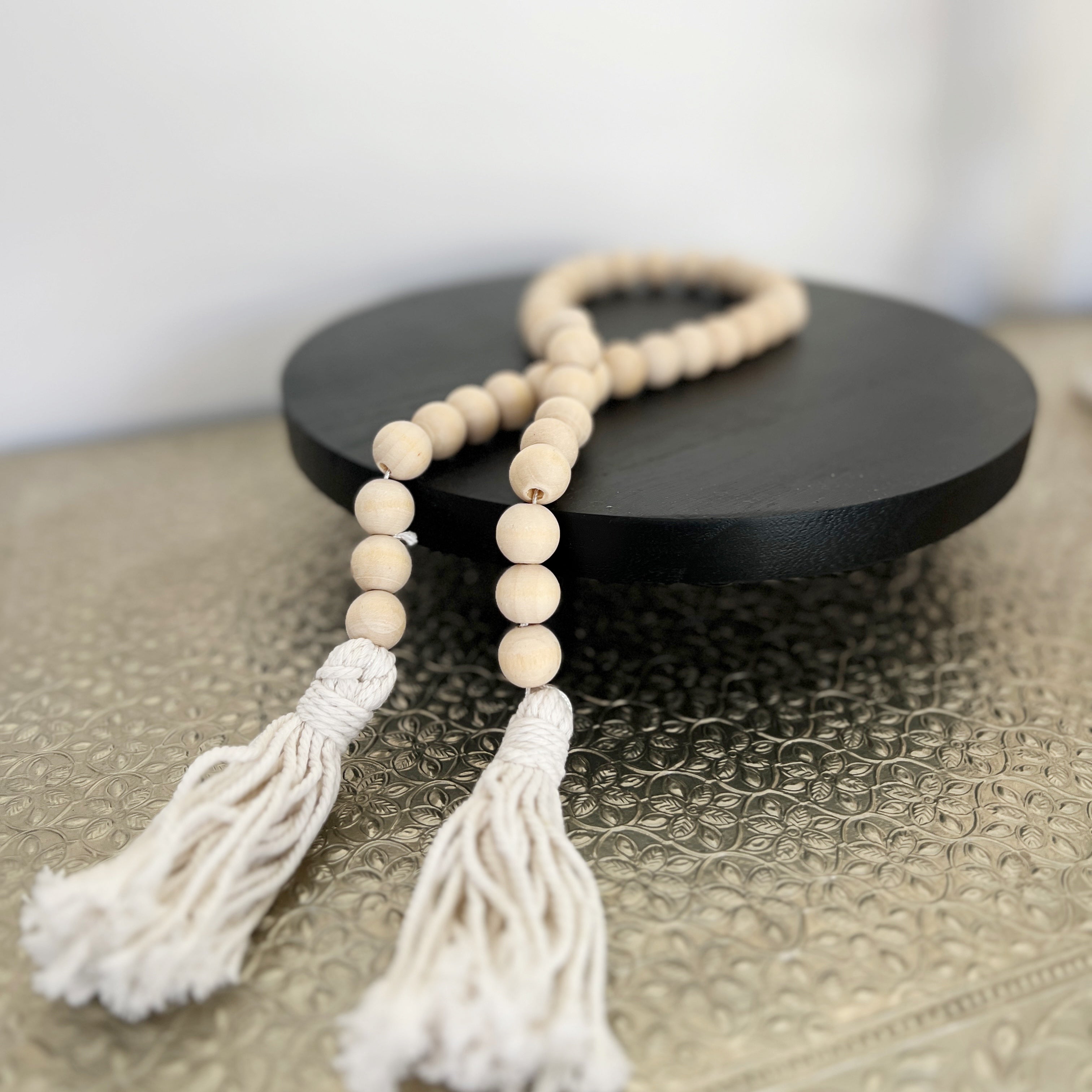 Cuentas Madera Natural Con Borlas De Algodón Crudo