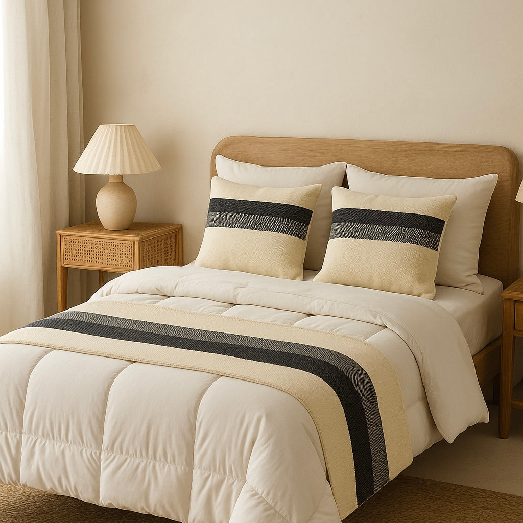 Set Piecera Trama Franja Negro Tejido Borla 210x70cms + 2 Fundas Cojín 50x50cms