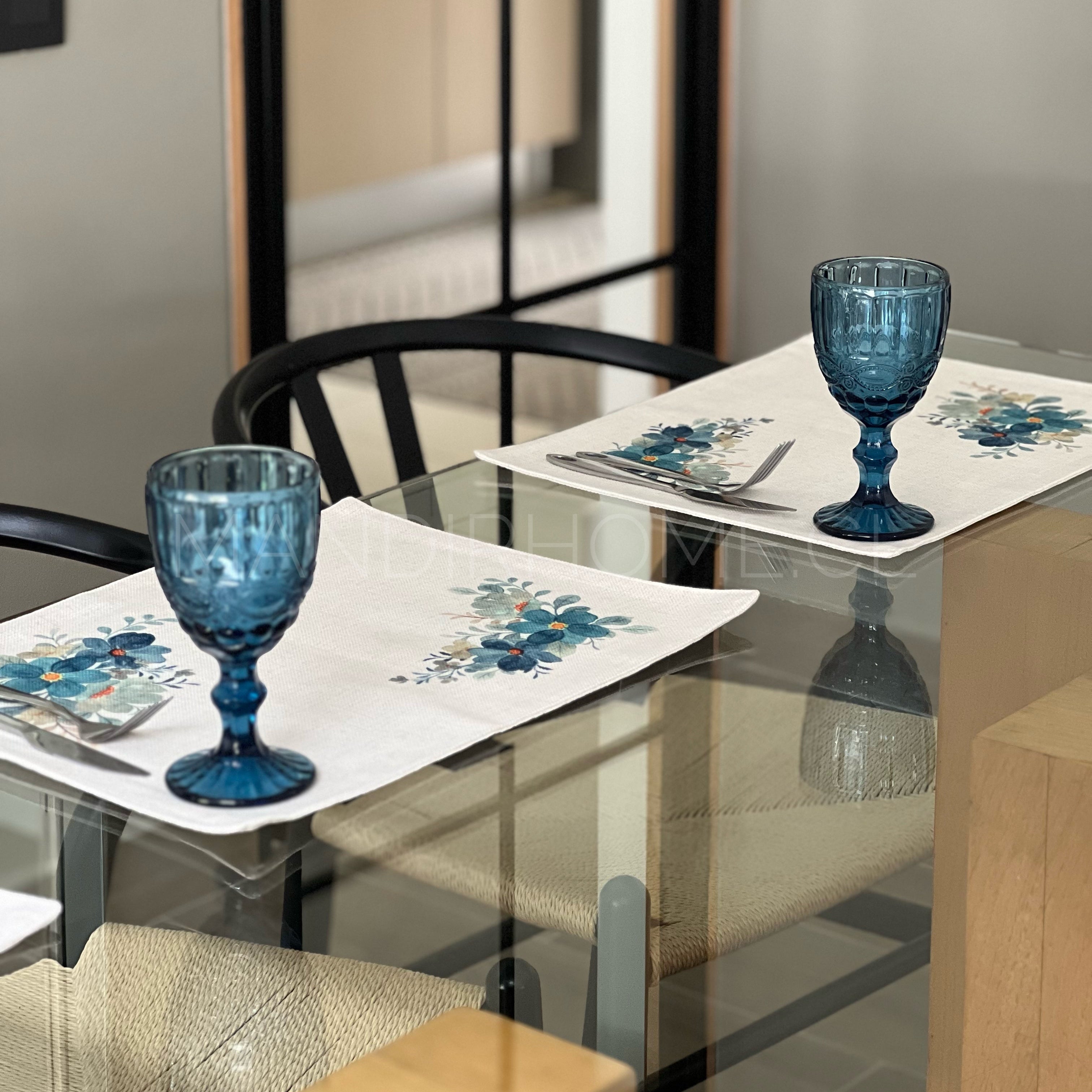 SET 6 Individuales Flor Turquesa Tela Repelente y Antimanchas