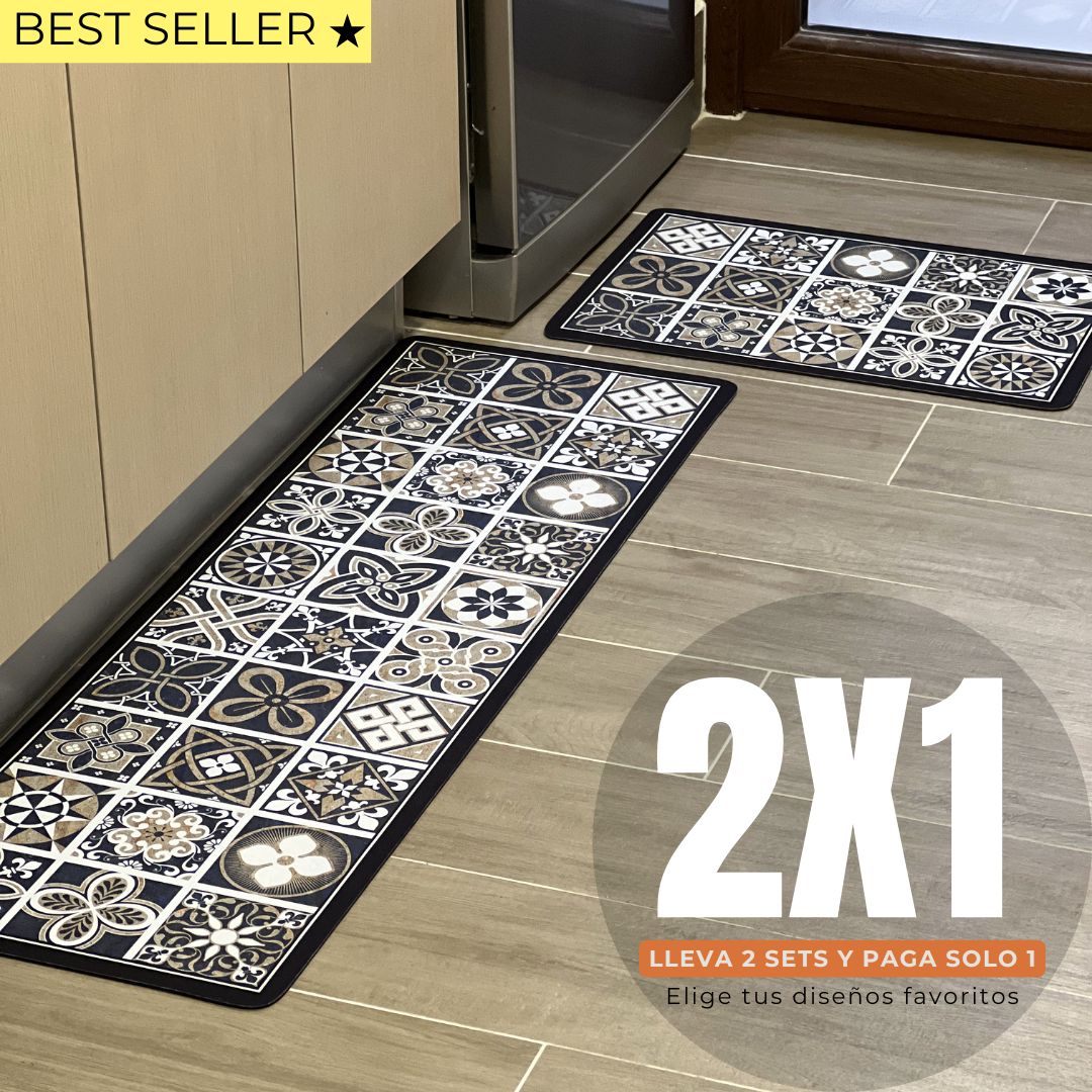 Set Alfombras de Cocina Mosaico Beige Antideslizante y Absorbente | Anticharcos y Lavables - Mandir Home