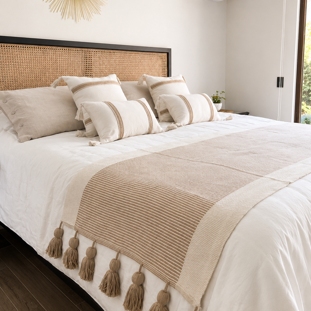 Piecera Bicolor Beige Borlas 2 Plazas/King Algodón Tejido 210x70 cm
