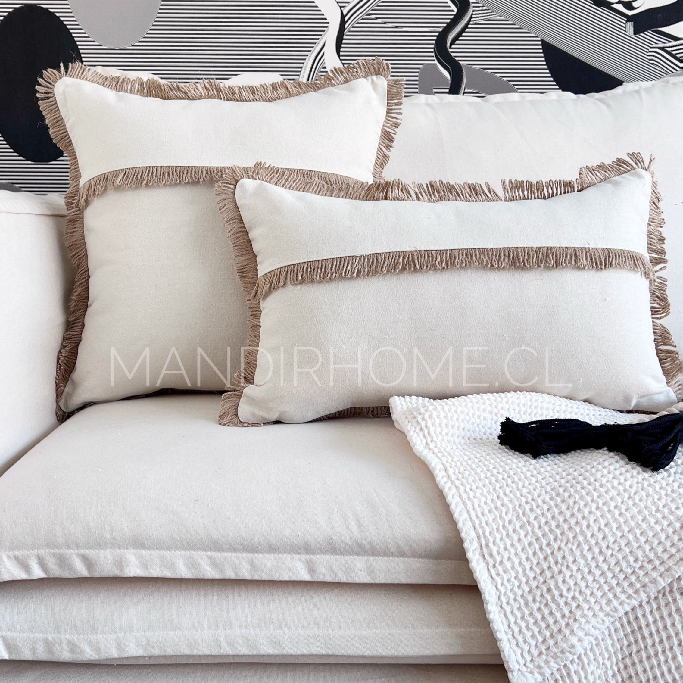 Funda de Cojín Natural Rústico Lino Yute Fleco Rectangular