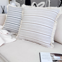 Funda de Cojín Natural Lino Listado Fleco Beige 45x45cms