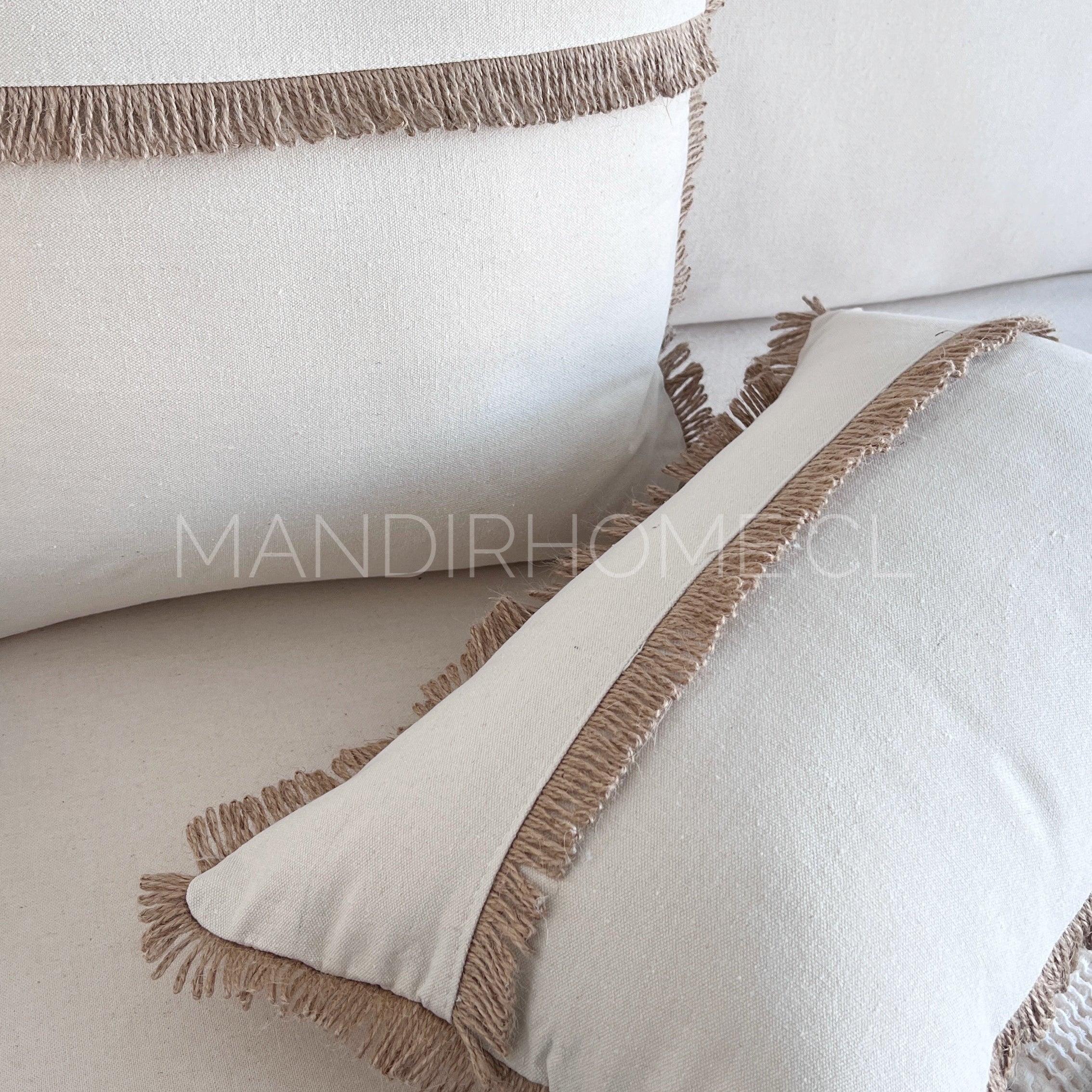 Funda de Cojín Natural Rústico Lino Yute Fleco Rectangular