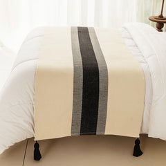 Set Piecera Trama Franja Negro Tejido Borla 210x70cms + 2 Fundas Cojín 50x50cms