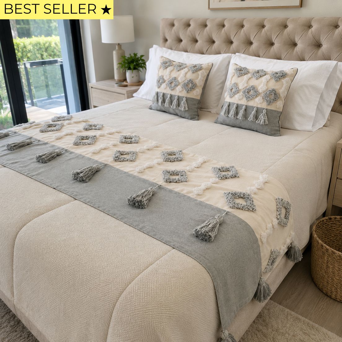Set piecera boho gris borla 210x60cms + 2 fundas cojín y 45x45cms
