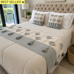 Set piecera boho gris borla 210x60cms + 2 fundas cojín y 45x45cms