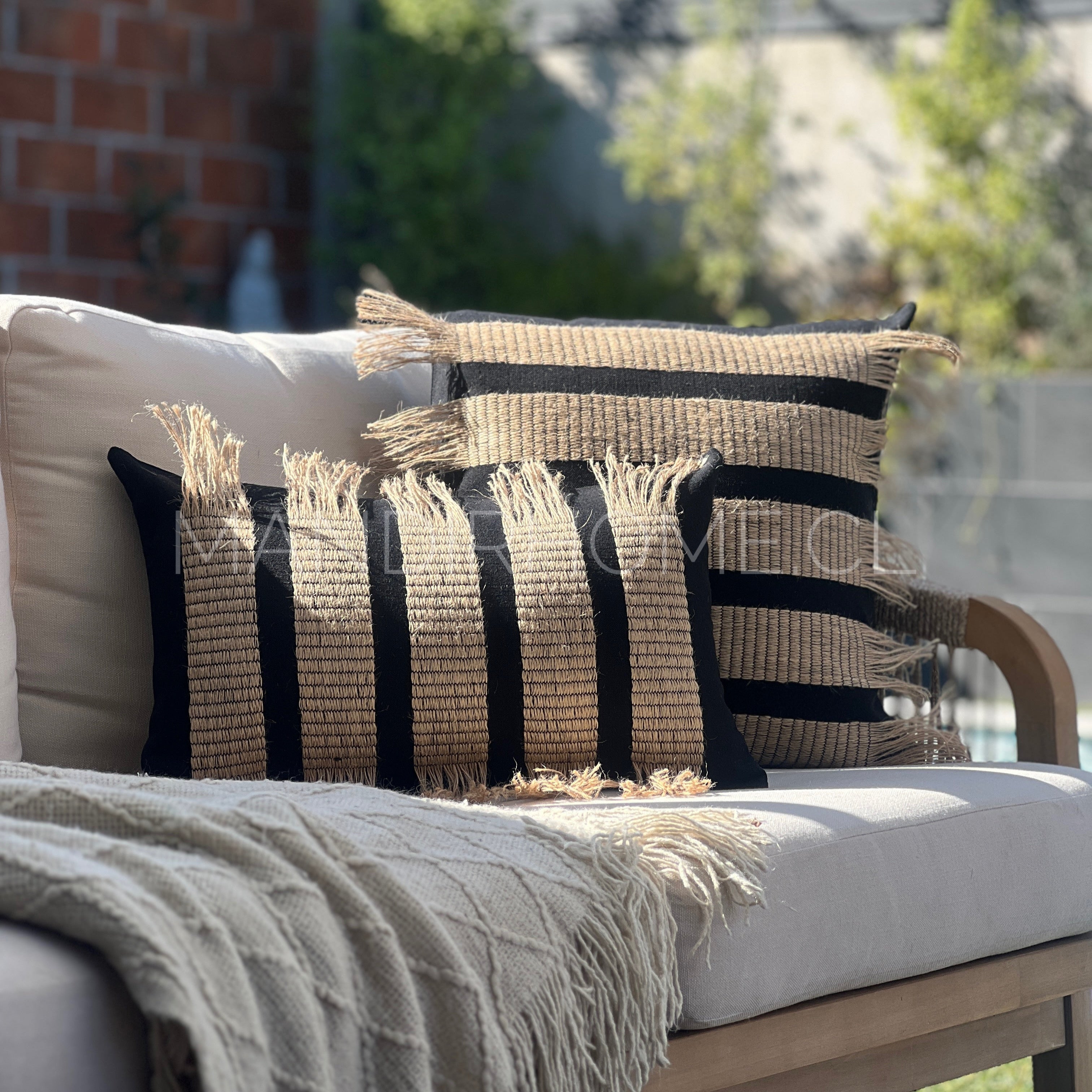 Funda Bohemia Franja Negro y Yute Rectangular